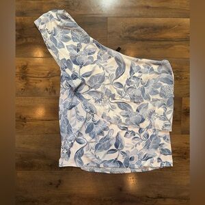 White House Black Market Blue and White Floral One-Shoulder Top